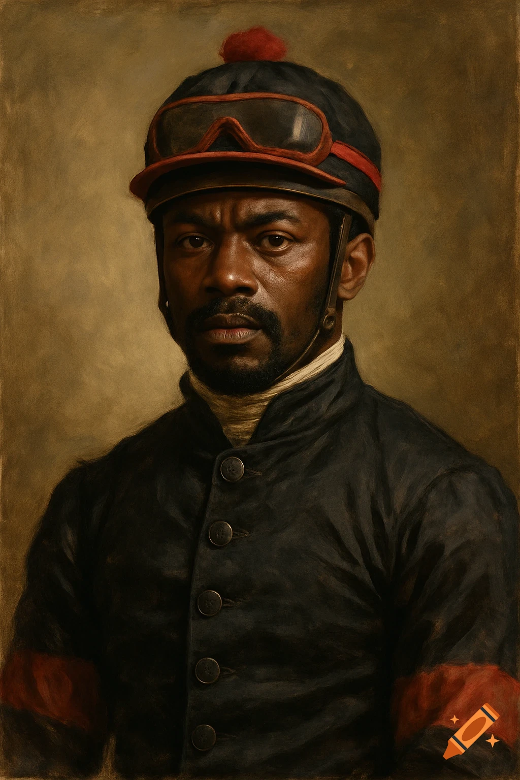 A portrait of a Black jockey in uniform.