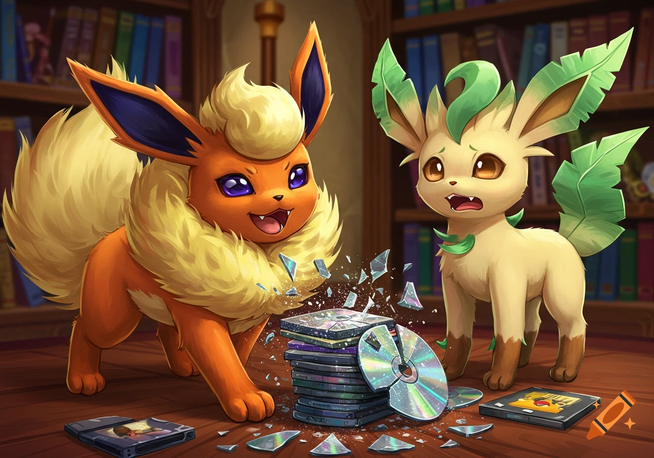 Anthropomorphic Flareon breaks game discs, surprising anthropomorphic Leafeon in a library.
