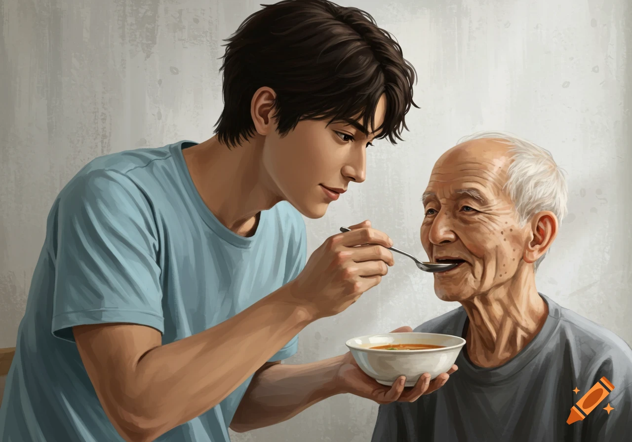 A young person feeding soup to an elderly person.