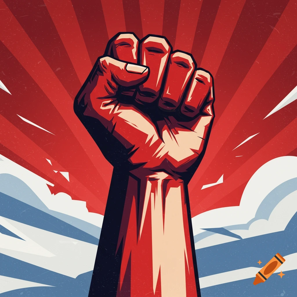 Raised red fist against red rays and blue clouds in a propaganda style poster.