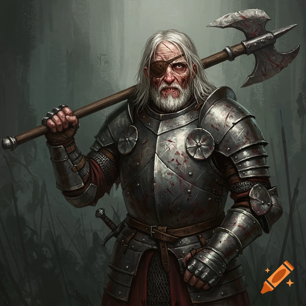 An old knight with an eyepatch and bloodied armor holding a halberd
