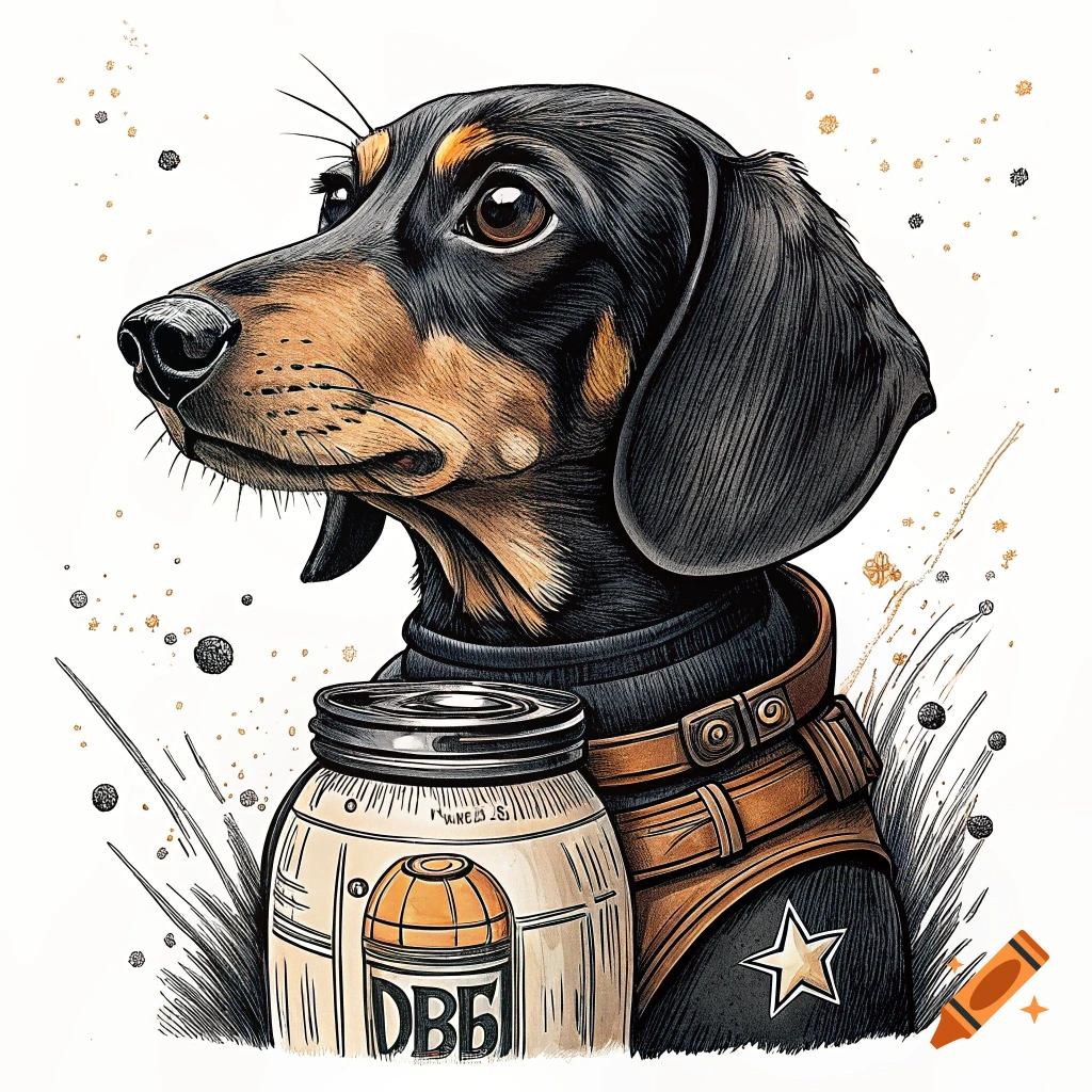 Tattoo style illustration of a dachshund wearing a vest next to a jar with a label.