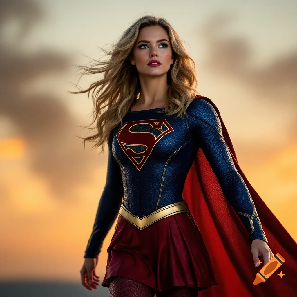 A woman in a Supergirl costume stands outdoors at sunset.
