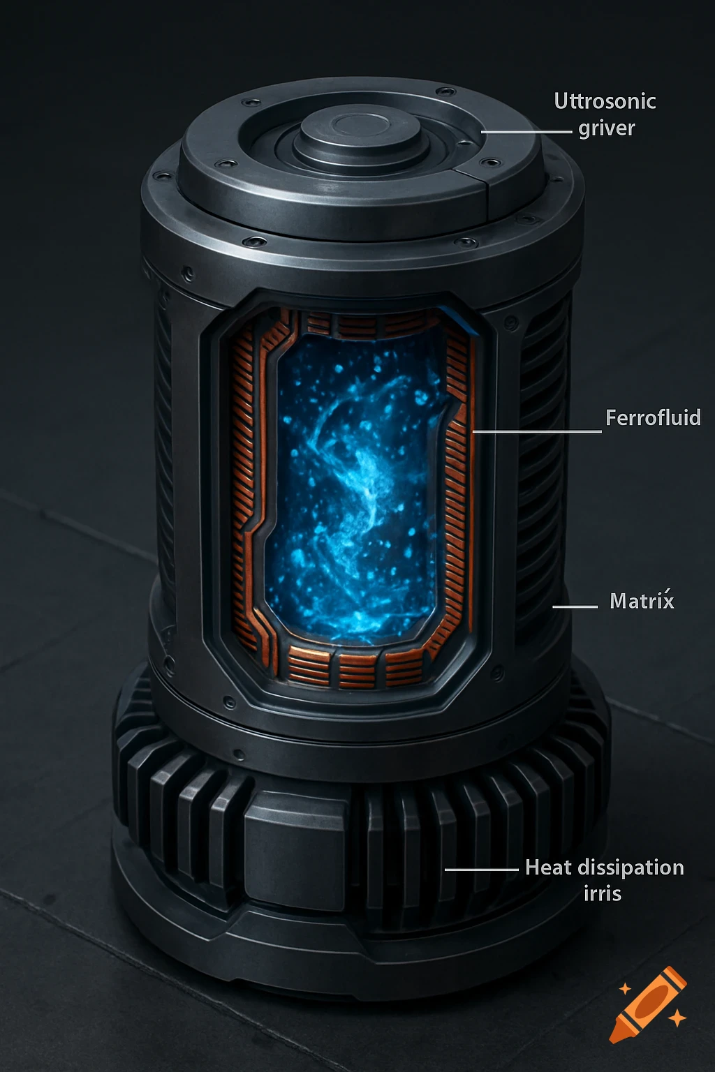 Close-up of a dark futuristic cylindrical device with a glowing blue liquid core and text labels.
