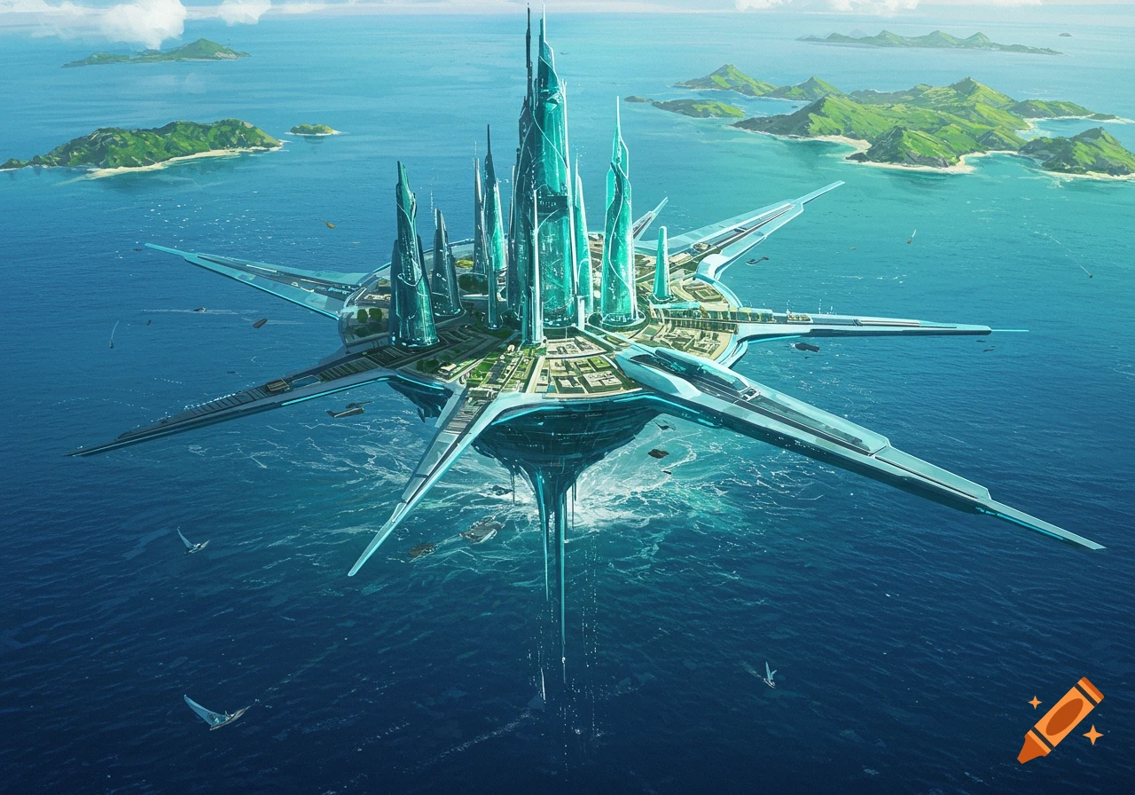 A futuristic floating city structure in the ocean with islands in the background.