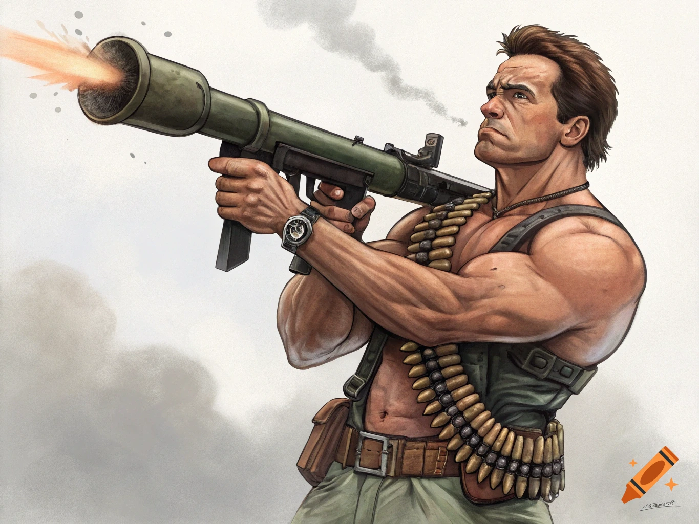 Illustration of a muscled man resembling Arnold Schwarzenegger holding a bazooka firing sausages, with a sausage belt.