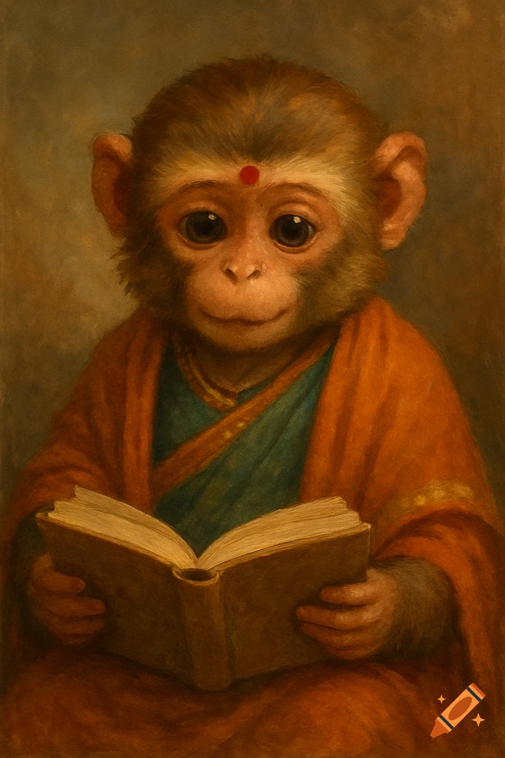 A monkey with a bindi reading a book in a painting style.