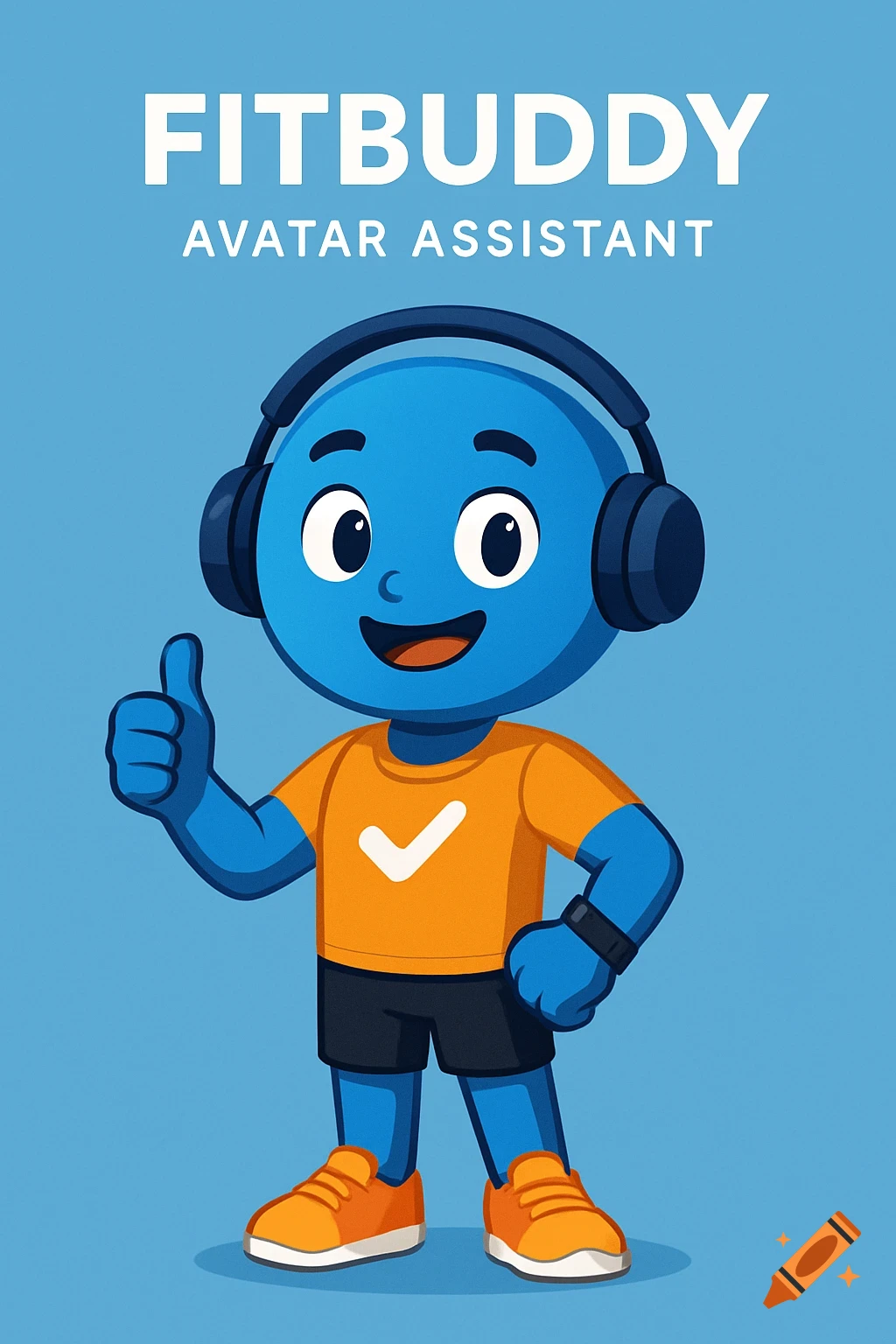 Cartoon blue character with headphones, orange shirt, black shorts gives thumbs up. Text says "FITBUDDY AVATAR ASSISTANT".