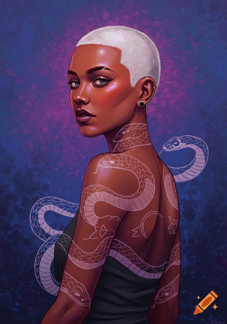 Portrait illustration of a woman with a white buzz cut and snake tattoos, digital art style.