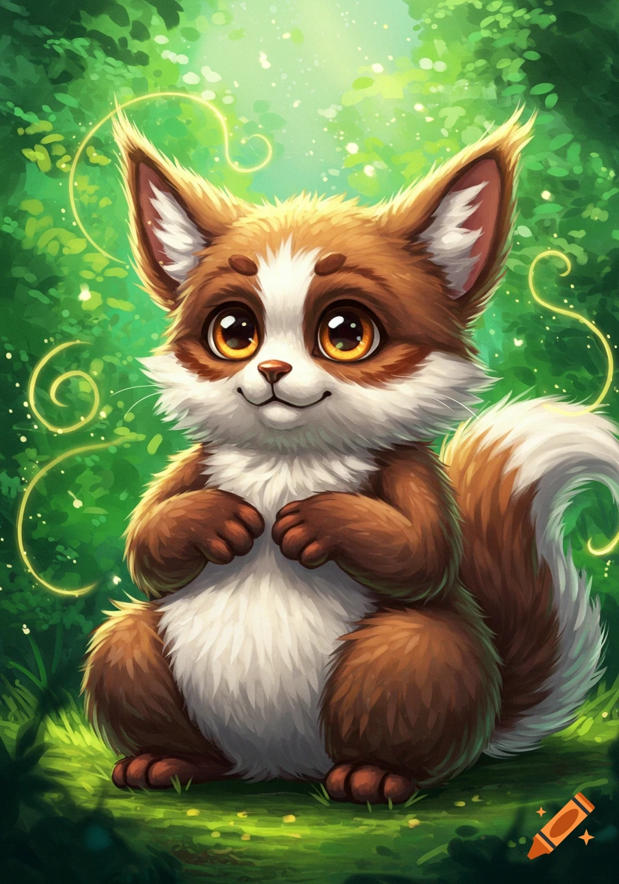 A cute, stylized furry animal character sits in a forest.