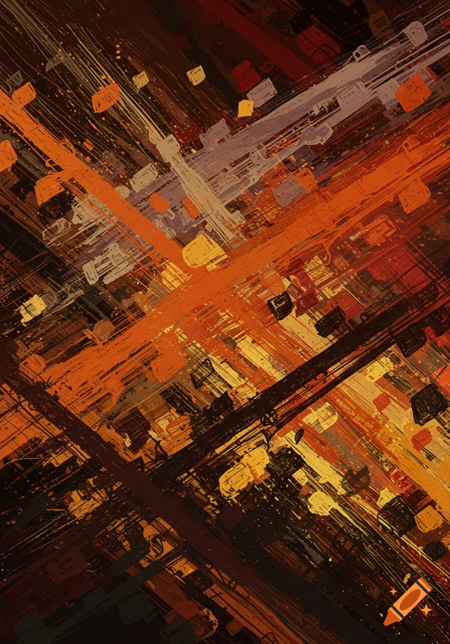 Abstract with bold orange, brown, black, and gray strokes and shapes.