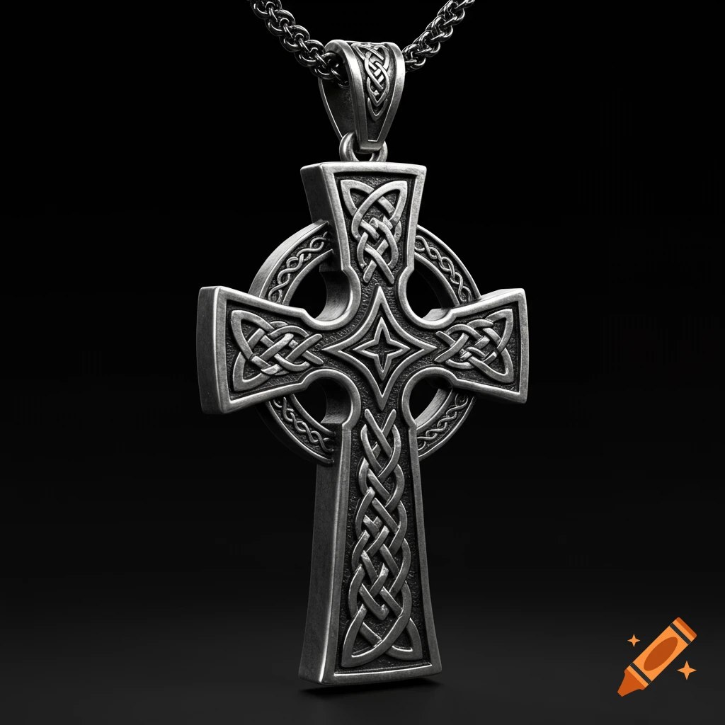 Silver Celtic cross pendant with intricate knotwork on a dark background
