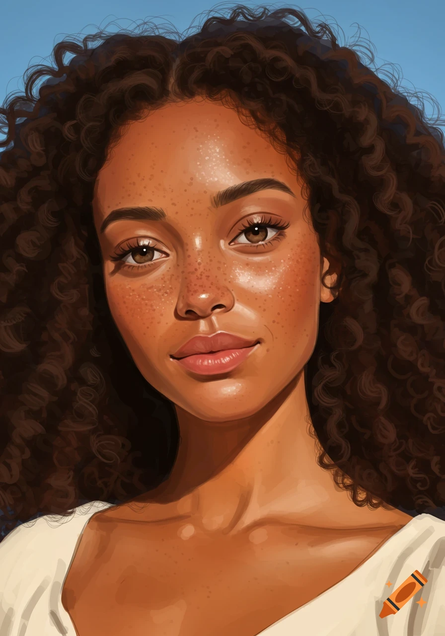 Portrait of a woman with dark tan skin, freckles, and curly hair.