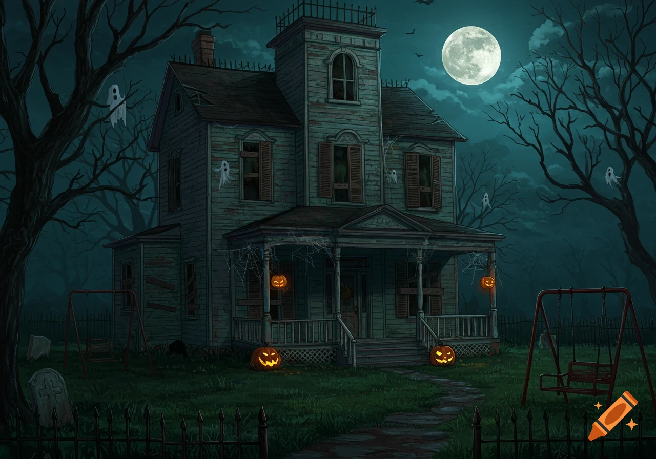 A spooky image of a haunted house decorated for Halloween under a full moon.