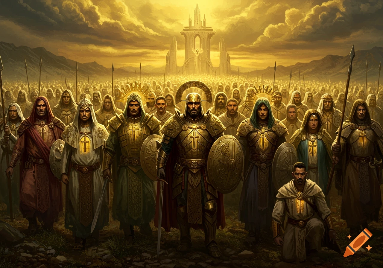 A large crowd of figures in golden armor with religious symbols stand before a castle under dramatic golden skies.