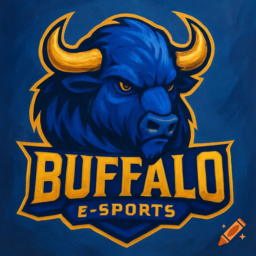 A blue and gold e-sports logo featuring a buffalo head and the text "BUFFALO E-SPORTS".