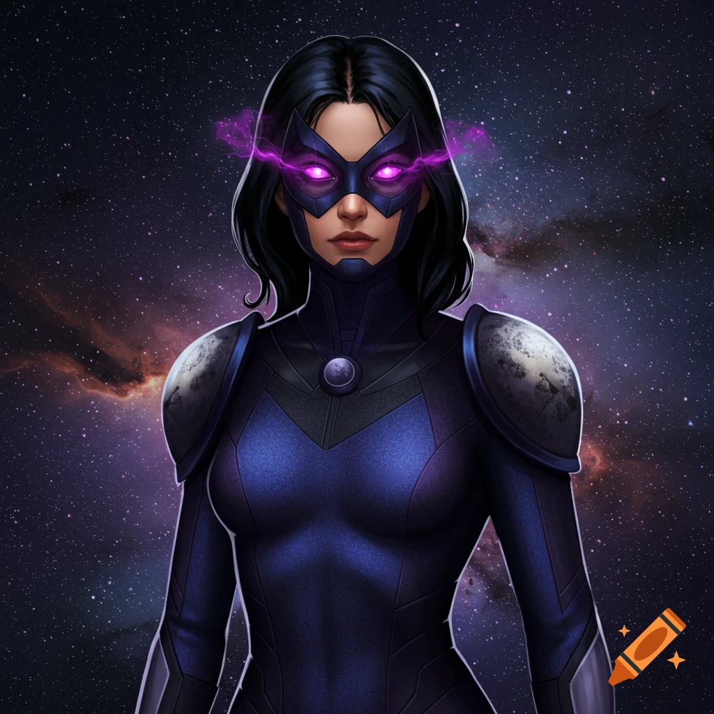 A woman in a dark purple superhero costume and mask with glowing purple eyes is against a space background.