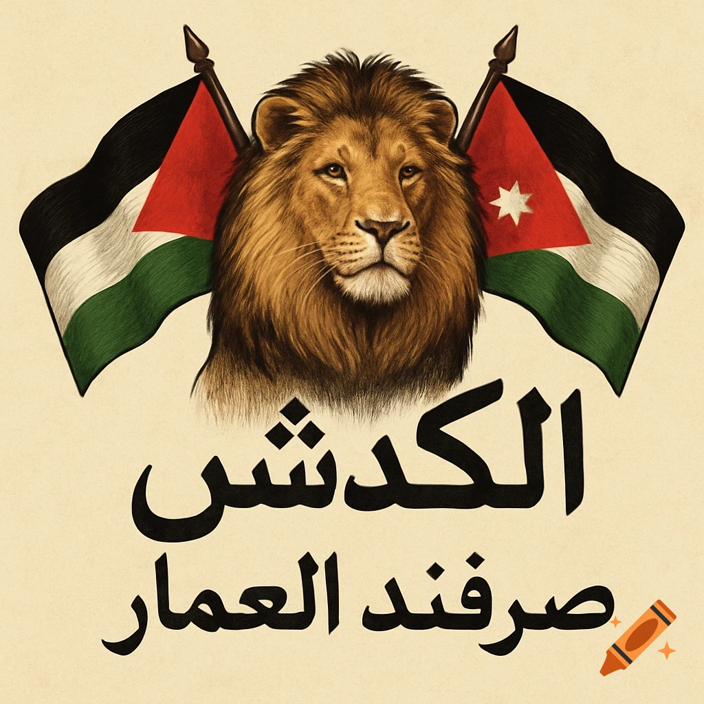 Illustration of a lion head between Palestinian and Jordanian flags with Arabic text below.