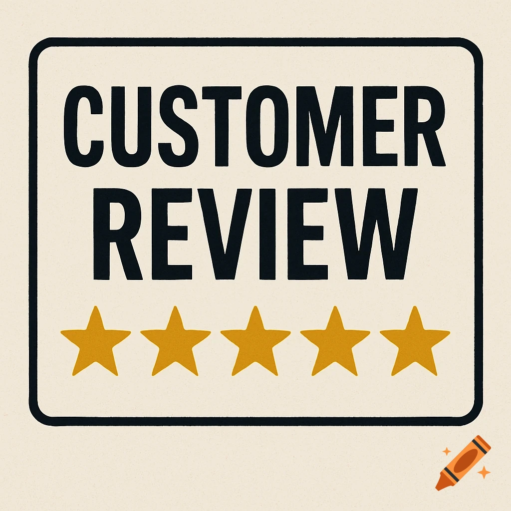 A sign saying "CUSTOMER REVIEW" with five yellow stars below on a textured background.