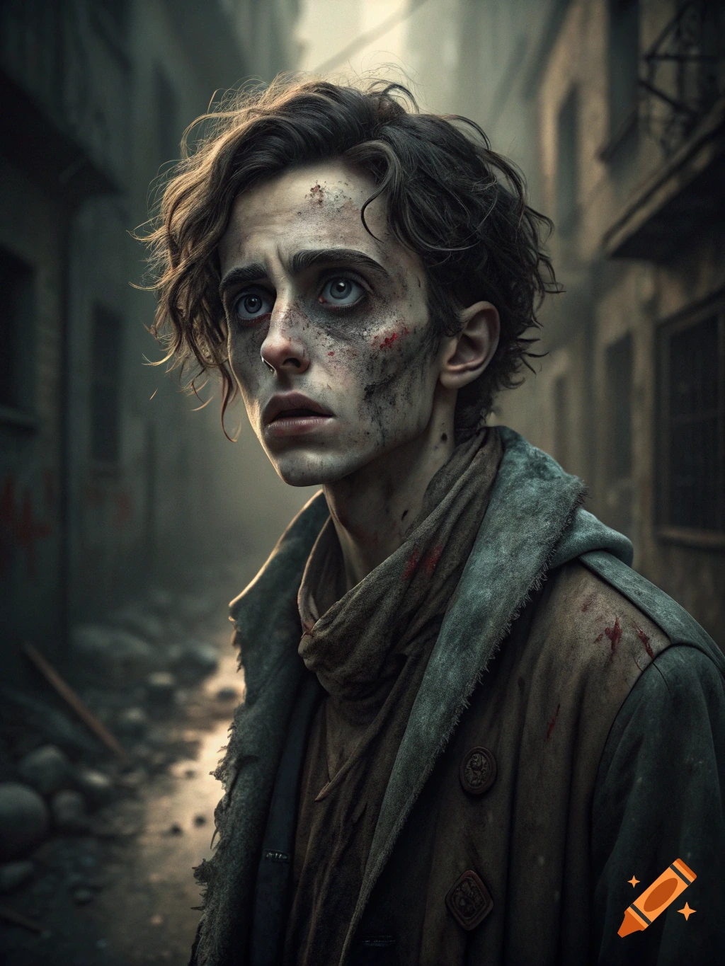 Dramatic portrait of a person resembling Timothée Chalamet as a zombie in a ruined street.