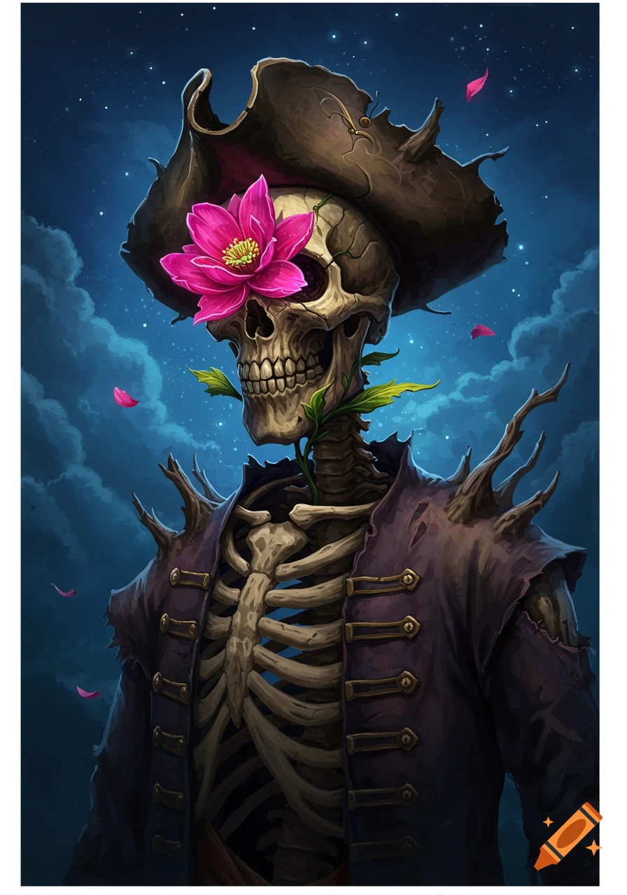 Skeleton pirate with a pink flower growing from its eye, wearing a coat and hat, against a starry night sky.