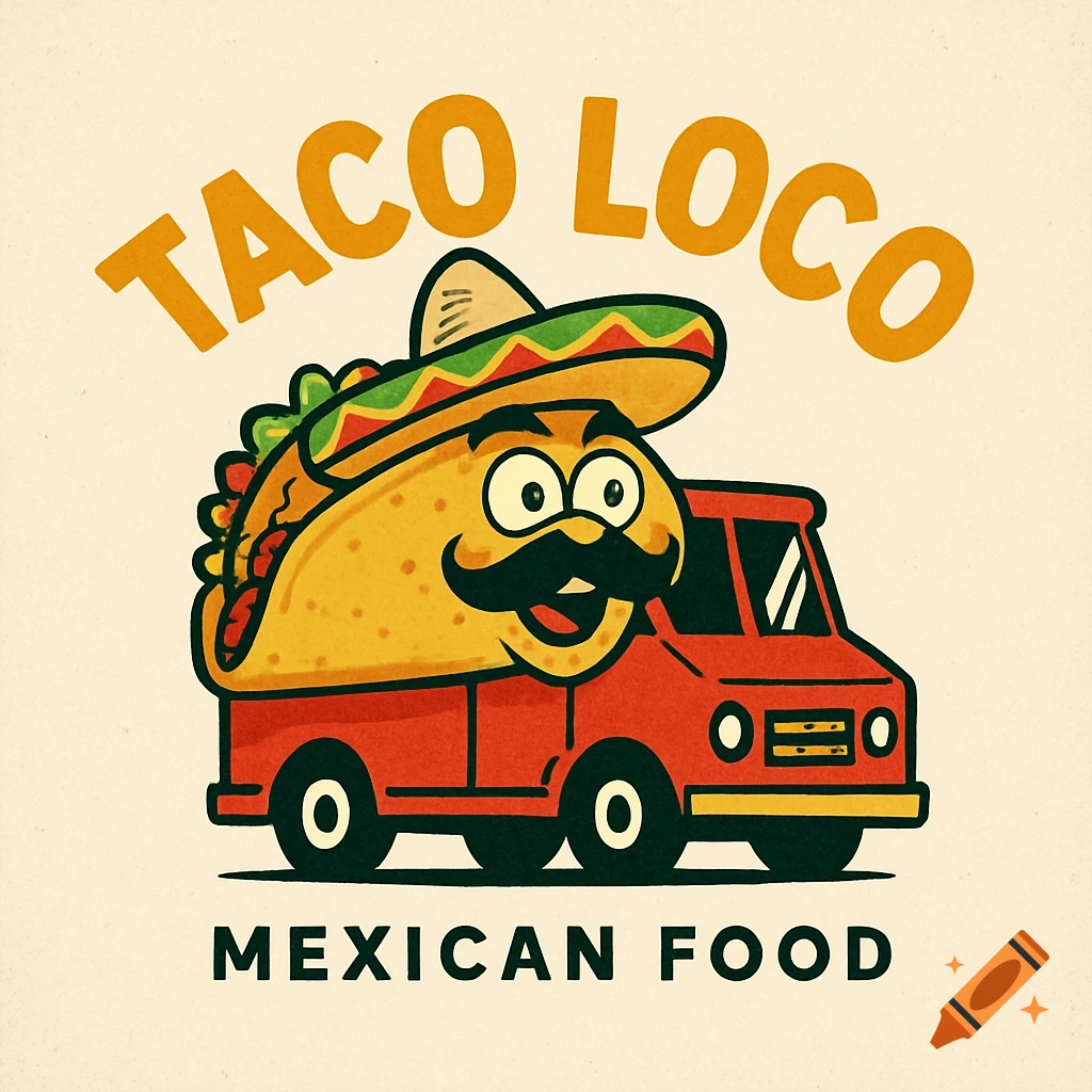 Cartoon logo of a taco character wearing a sombrero driving a red food truck with the text "Taco Loco Mexican Food".