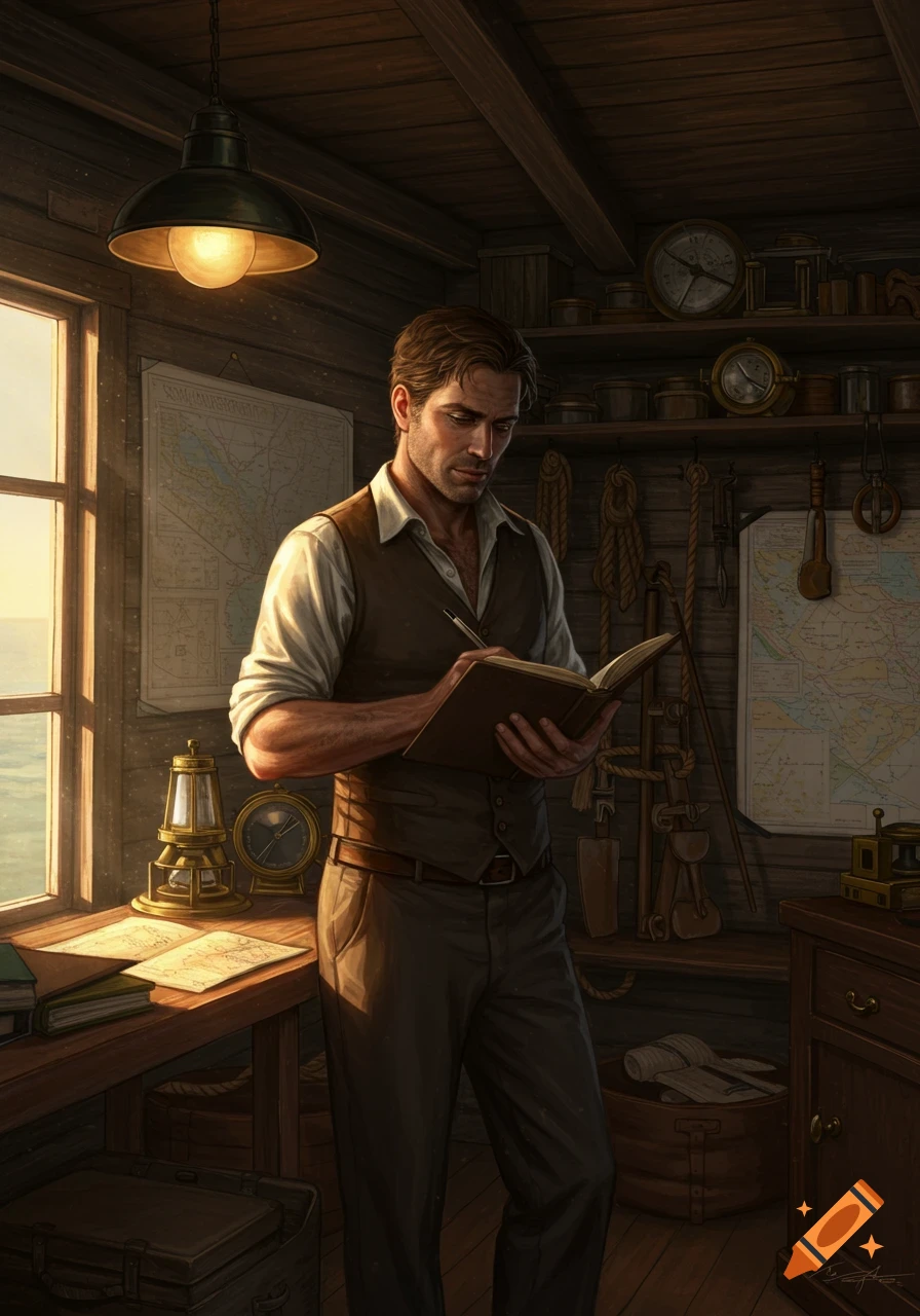 A man is writing in a notebook in a room with a window overlooking the sea.