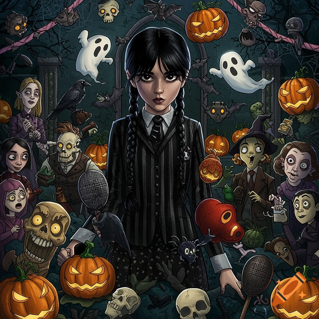 Detailed illustration of a girl resembling Wednesday Addams surrounded by cartoon Halloween monsters, pumpkins, and ghosts.