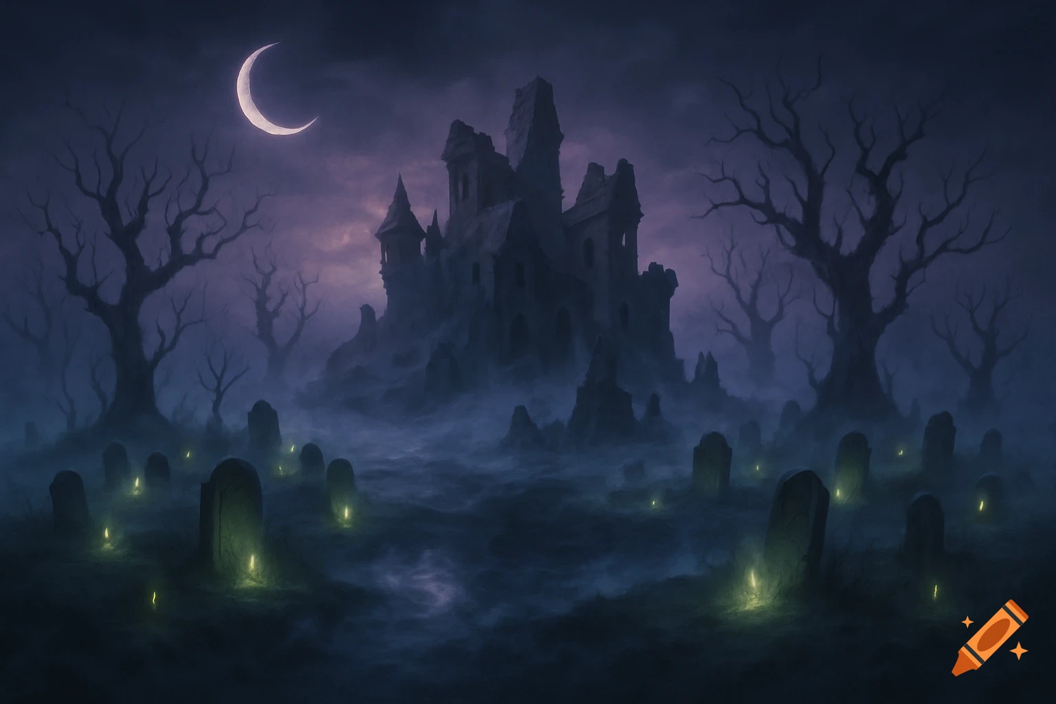A spooky misty graveyard with glowing gravestones and a large dark castle under a crescent moon.