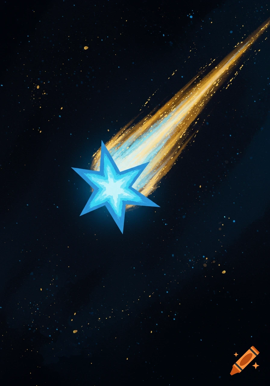 A blue star with a long golden trail zips across a dark, starry space.