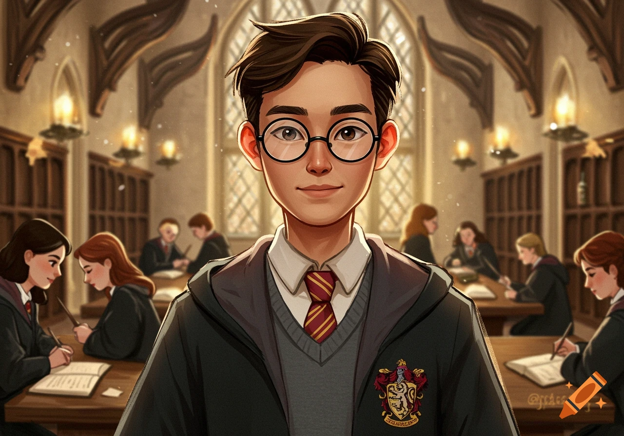 A young Hogwarts student with glasses and Gryffindor tie in a classroom.
