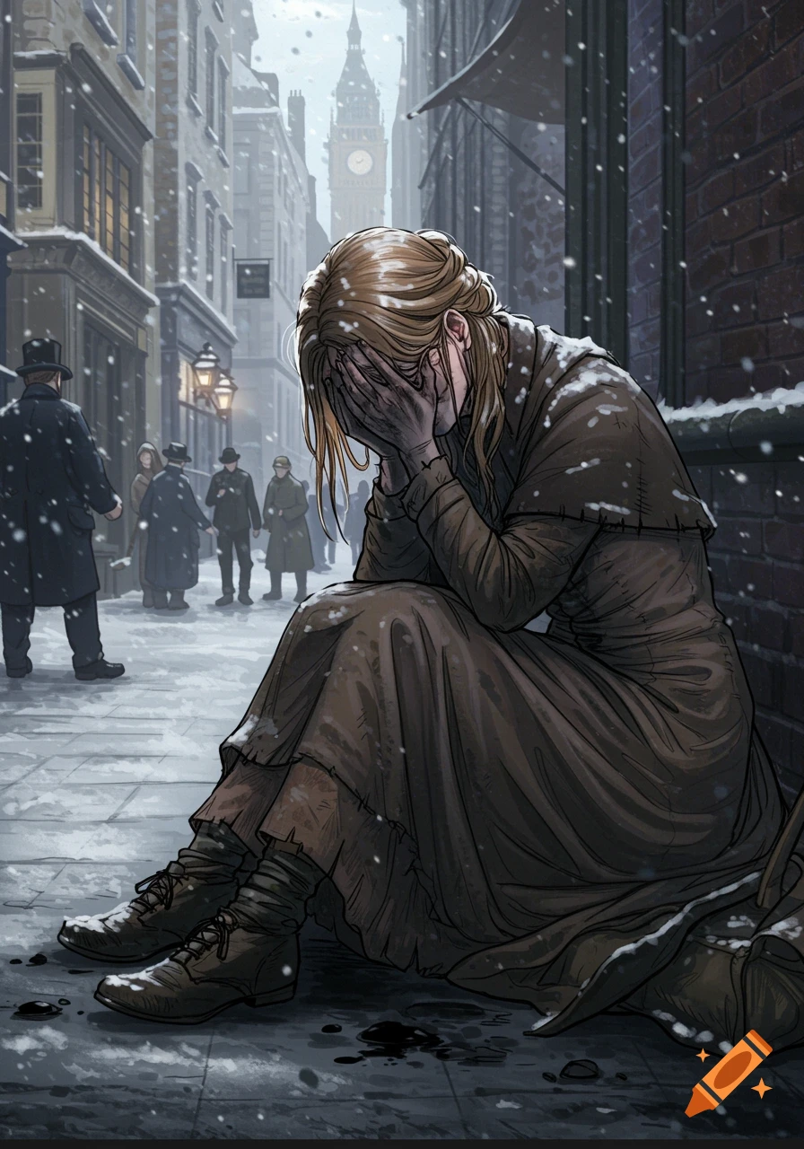 a woman sitting distressed in the snow on a historical London street with Big Ben in the background.