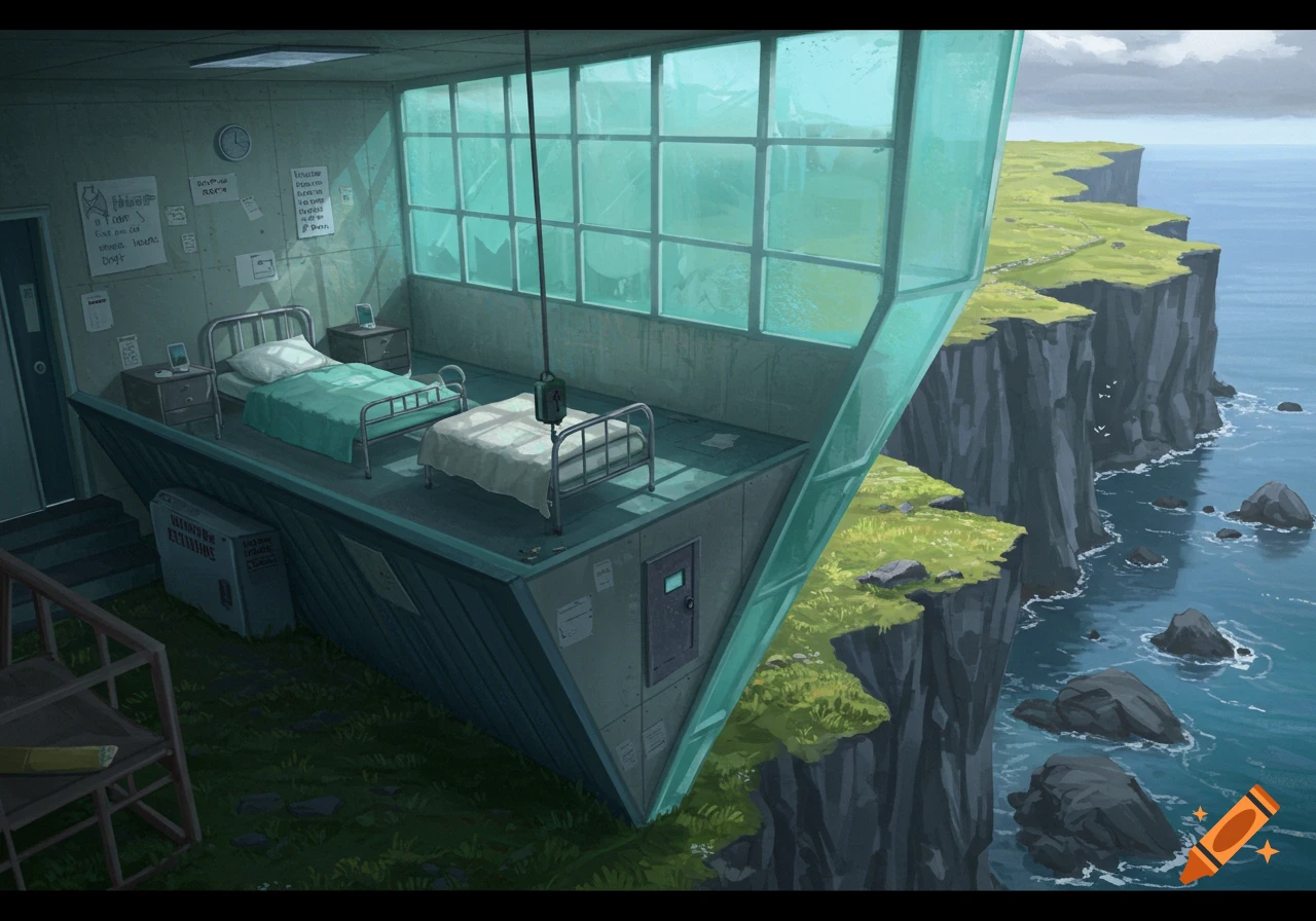 A room with beds and a glass wall cantilevered over a cliff edge overlooking the sea.
