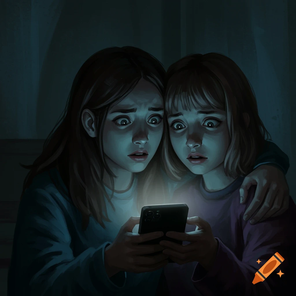 Two young girls look scared at a smartphone screen in the dark.