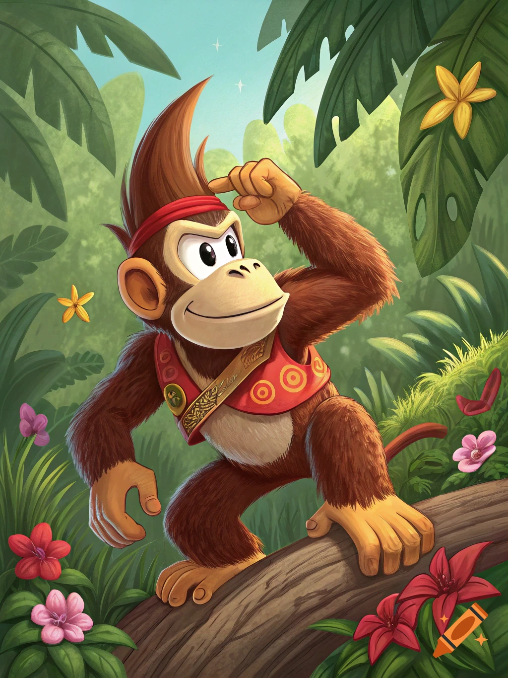 Cartoon monkey character Diddy Kong saluting in a jungle.