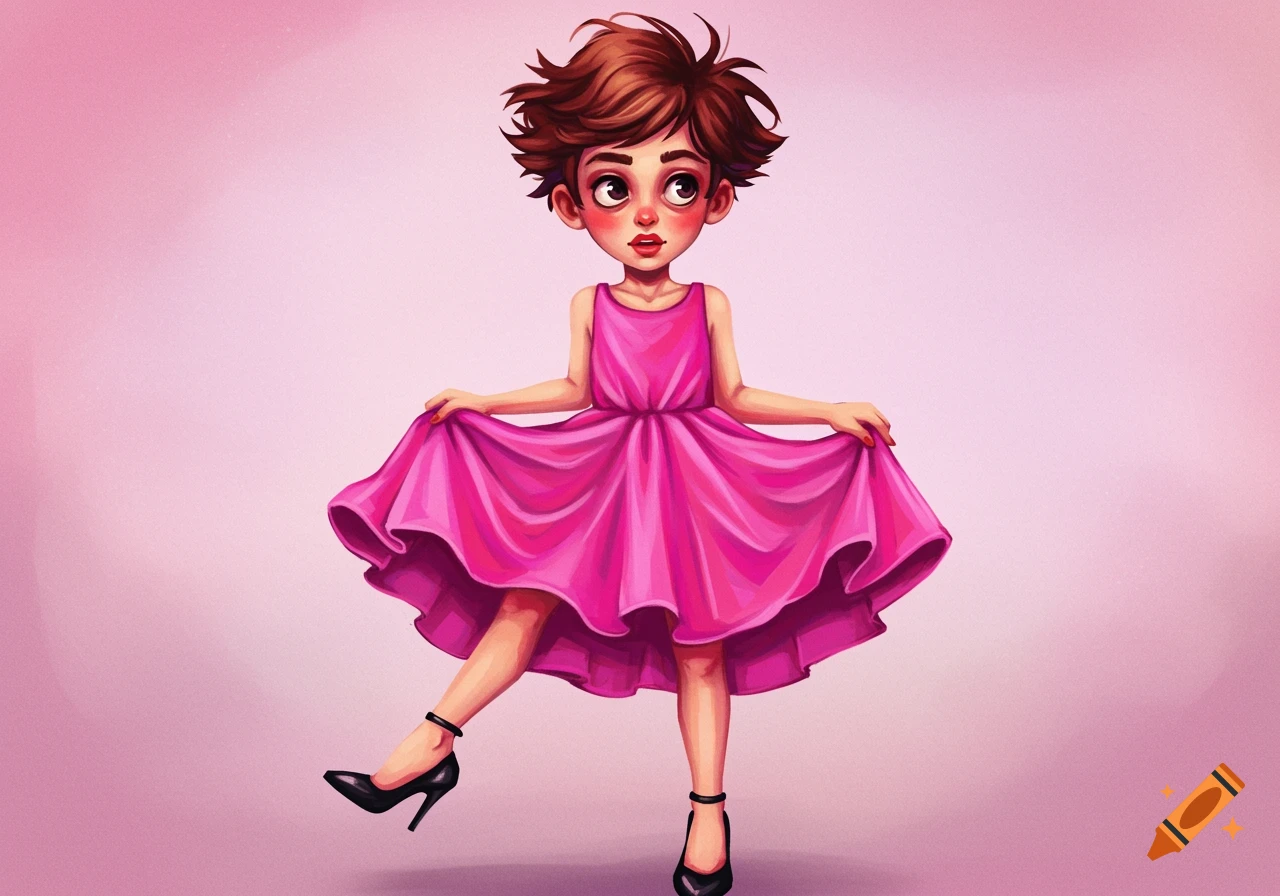 a whimsical figure in a pink dress and high heels