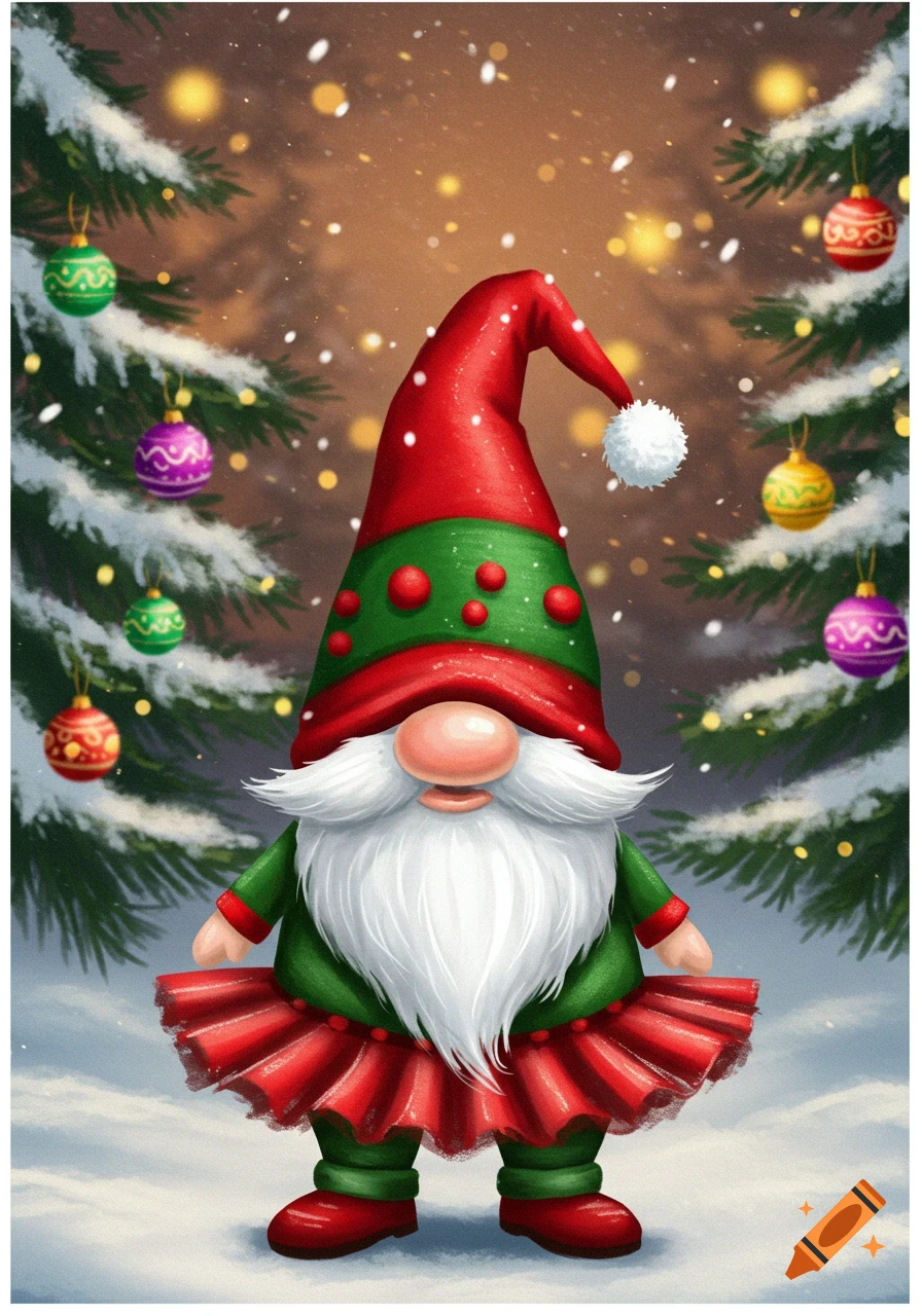 A Christmas gnome wearing a red and green tutu and Santa hat in the snow next to decorated trees.