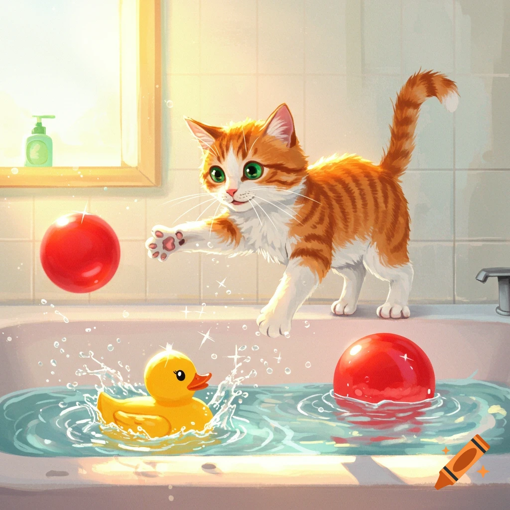 An orange and white kitten plays in a bathtub with red balls and a rubber duck, splashing water.