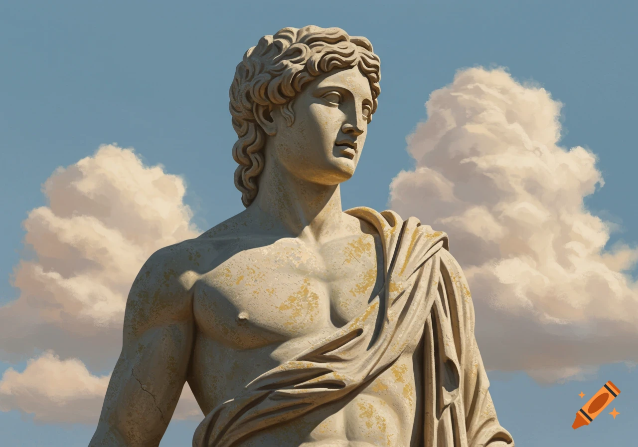 An ancient male statue stands against a cloudy blue sky.