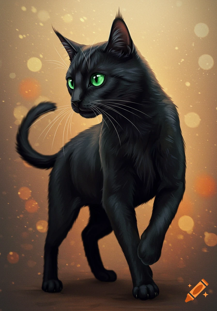 A black cat with bright green eyes looking left.