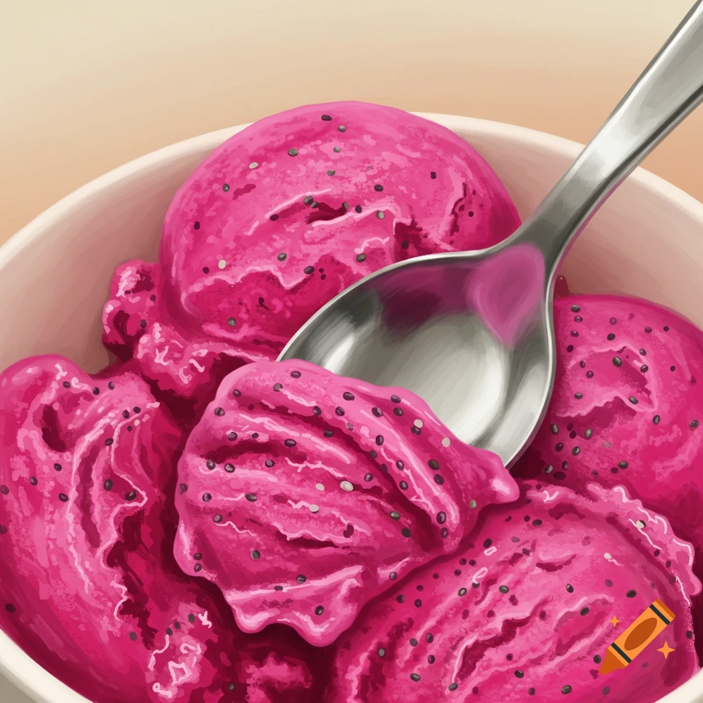 Pink ice cream with seeds in a bowl with a spoon