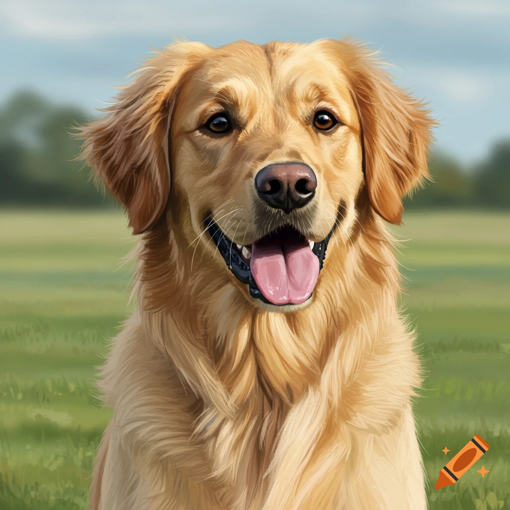 A portrait of a happy golden retriever dog in a field.