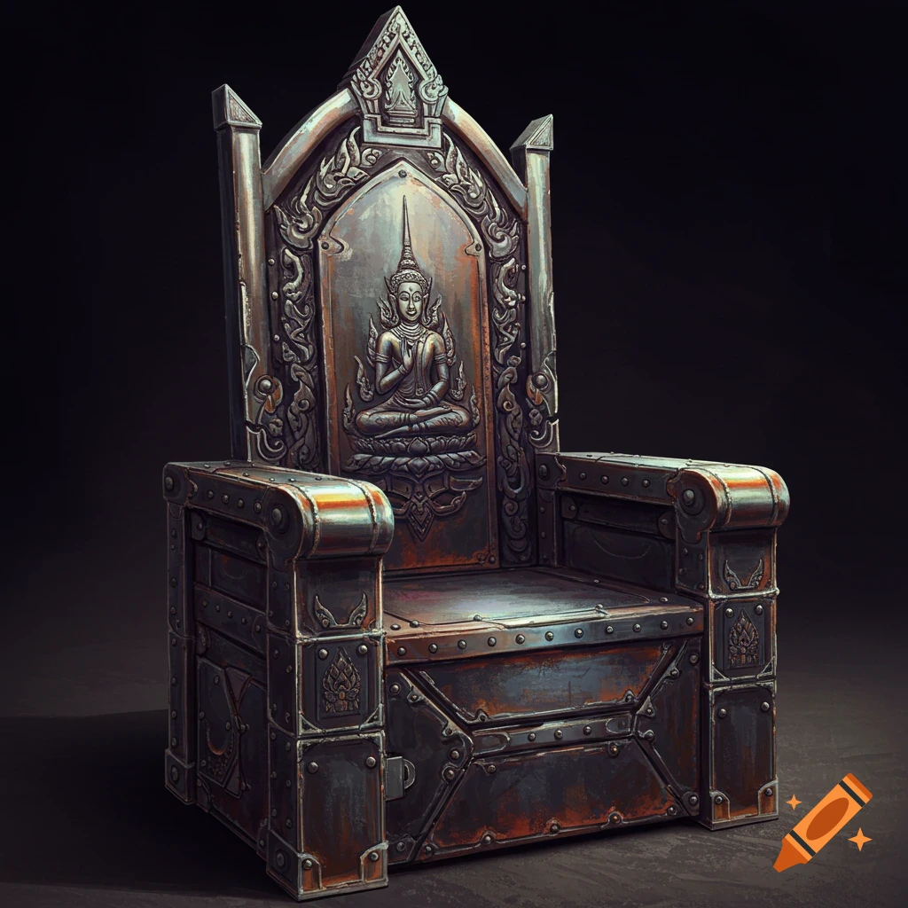 A detailed steel throne with a Thai Buddhist motif and rivets.