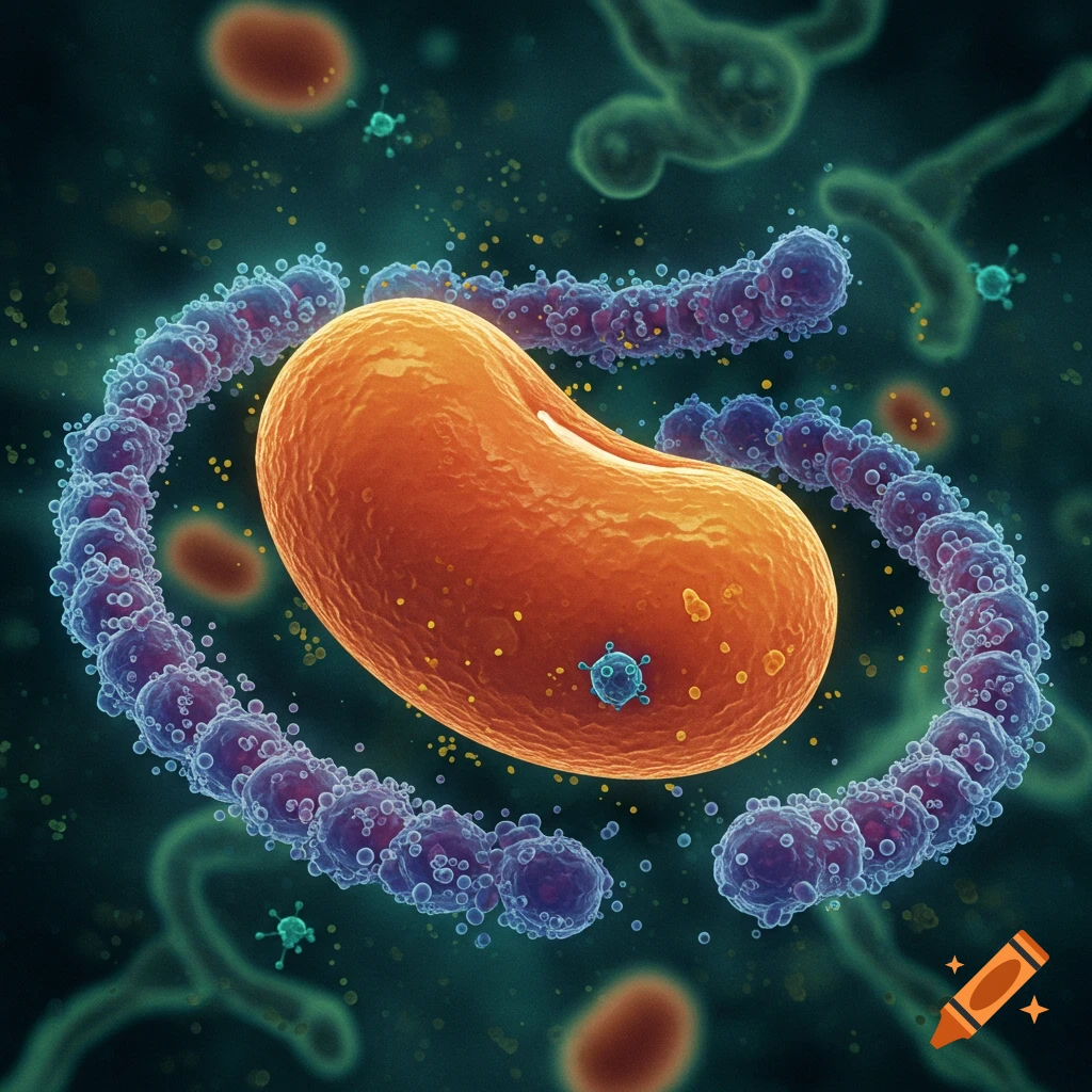A microscopic view of an orange bean-shaped cell surrounded by a ring of smaller purple particles, with other particles and structures in the dark green background.