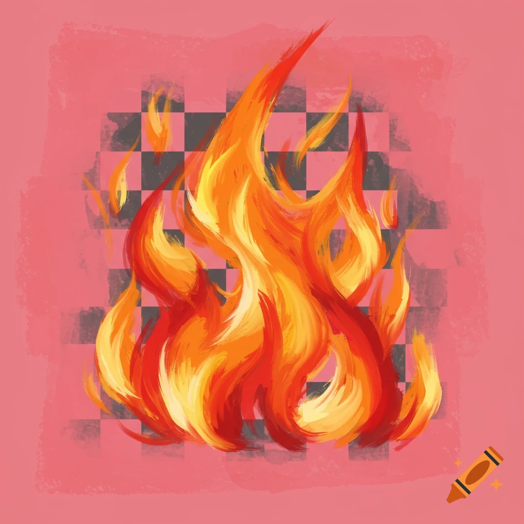 Flames over a checkerboard background on a pink base layer