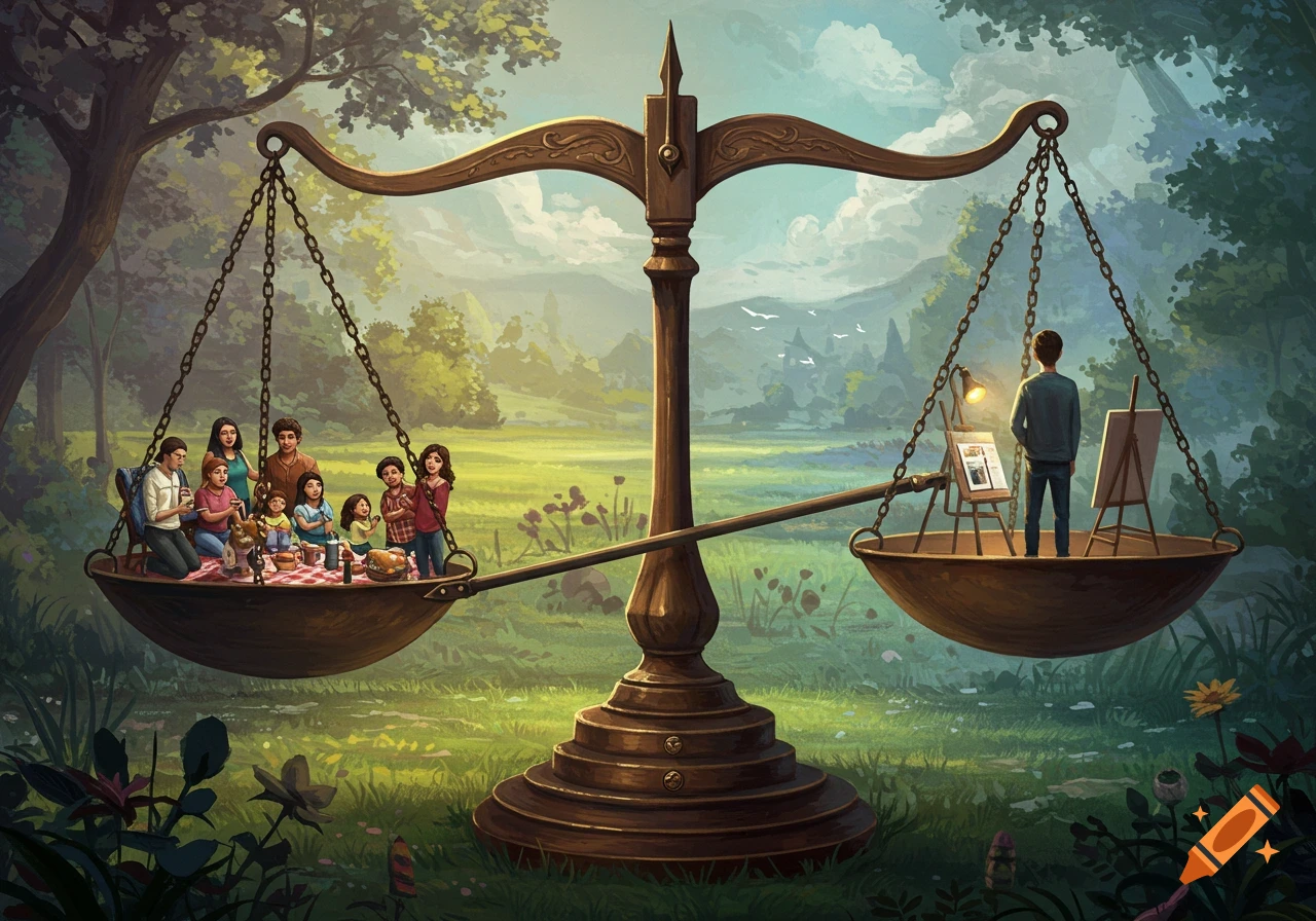 A giant scale in nature balances a family picnic on one side with a man painting on the other.