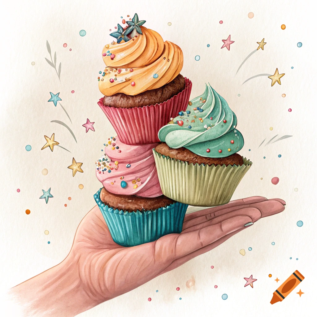 A hand holds a stack of colorful cupcakes with sprinkles and stars in a watercolor style.