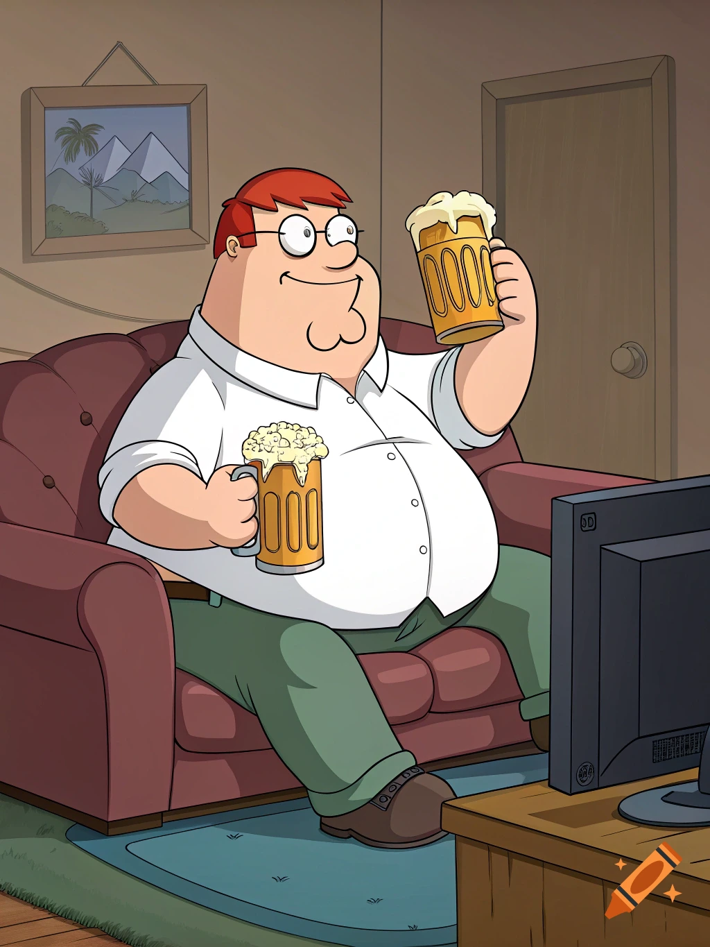 Cartoon man resembling Peter Griffin sits on a couch, smiling and holding up two mugs of beer while watching TV.