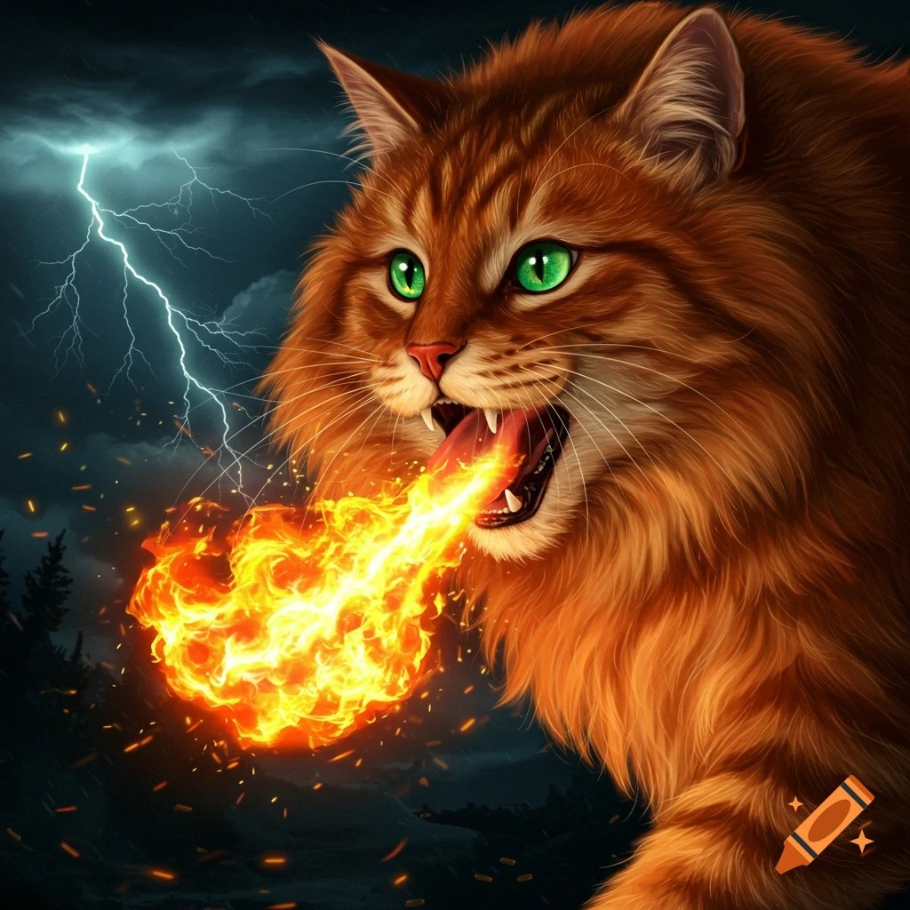 A giant orange cat breathing fire under a stormy sky with lightning.