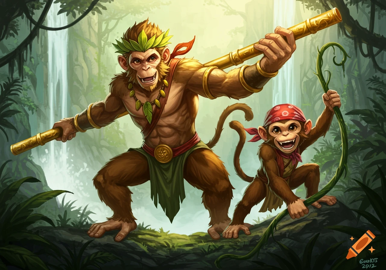 A large monkey warrior with a staff and a smaller monkey in a jungle.